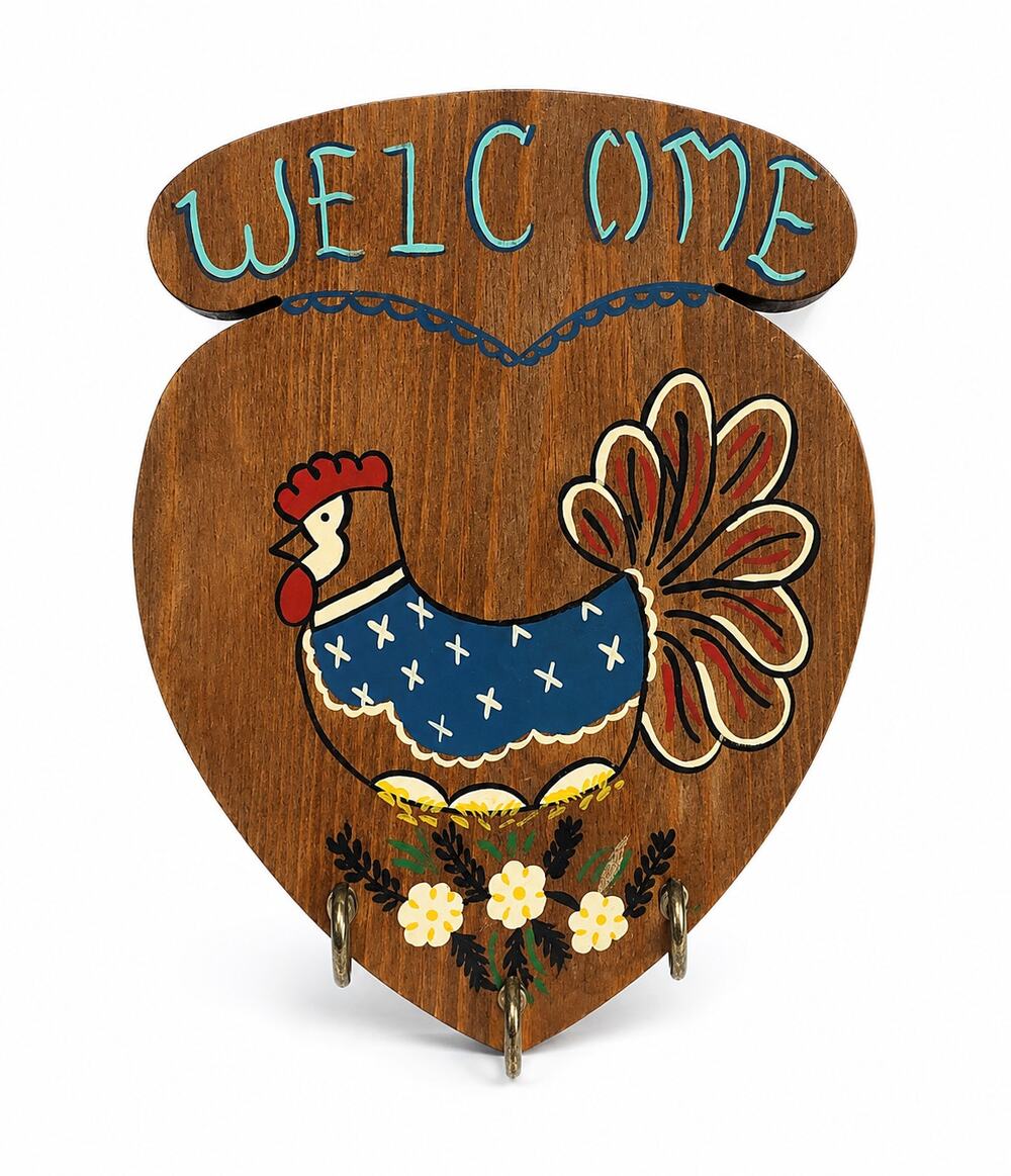 Vintage Hand Painted Wooden Heart Key Holder Country Rooster Cottagecore